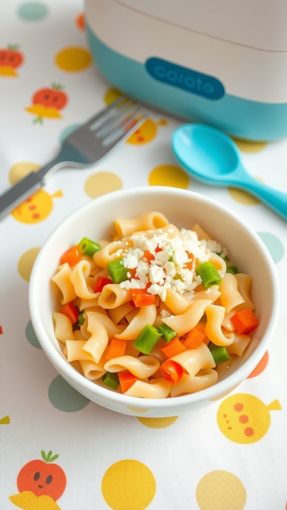 A bowl of soft noodles for babies with vegetables and cheese, on a colorful tablecloth.